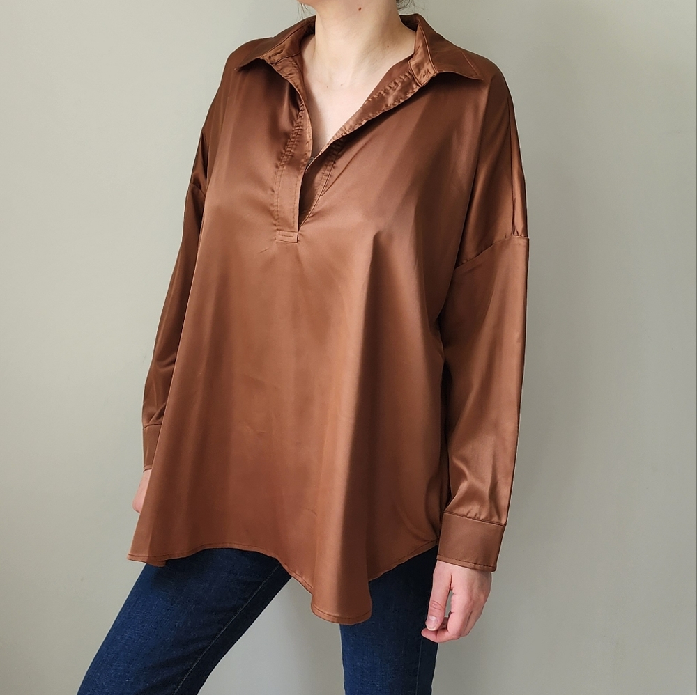 Boston Proper Bronze Shine Collared Tunic Blouse S